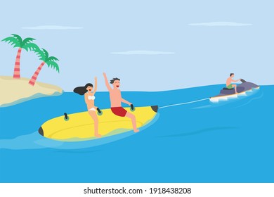 Summer holiday vector concept: Young couple having fun on banana boat while enjoying leisure time together