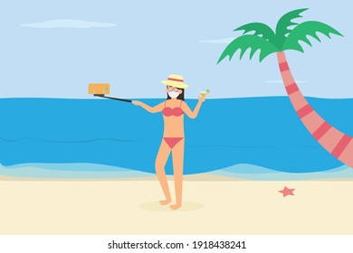 Summer holiday vector concept: Young woman taking selfie photo with smart phone while enjoying holiday in the beach