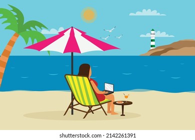 Concepto vectorial de vacaciones de verano. Joven con ordenador portátil mientras se relaja en la playa
