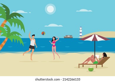 Summer holiday vector concept. Young couple playing volley ball in the beach while standing with their friend