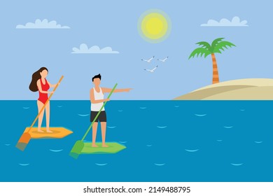 Summer holiday vector concept. Young couple standing on the paddle board while enjoying summer holiday at tropical beach