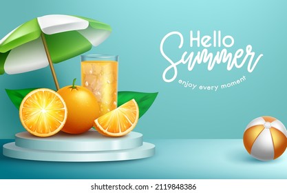 Summer holiday vector design. Hello summer text in blue background with orange refreshment juice for tropical season relax holiday brochure. Vector illustration.
