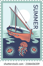 Summer Holiday Vector Design for Stamp, Post Card, Poster, and Sticker