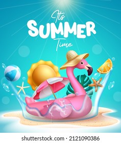 Summer holiday vector design. Summer time text in beach sand island with flamingo floater, umbrella and water splash elements for fun outdoor tropical season vacation. Vector illustration.
