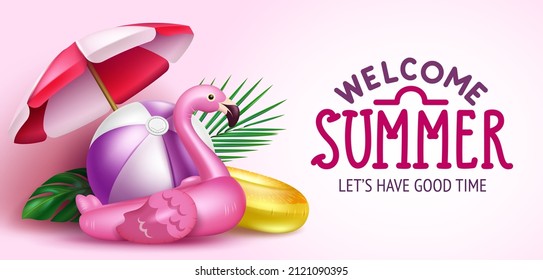 Summer holiday vector design. Welcome summer text in with beach ball, flamingo floaters and umbrella in pink background for tropical season relax and enjoy vacation. Vector illustration.
