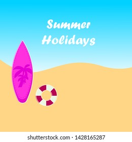 Summer holiday vector design with white circle for text and colorful beach elements in background-Vector illustration