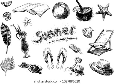 summer holiday vector hand drawn illustration set : orange, Tropical leaves, drinks, sun glasses, flower, towel, ball, coconut water, shell,  sea star, beach chair, fit flop, hat, sand tools