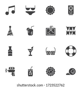 Summer holiday vector icons set, modern solid symbol collection, filled style pictogram pack. Signs, logo illustration. Set includes icons as hat, cocktail drink, sun, bikini swimsuit, sunglasses