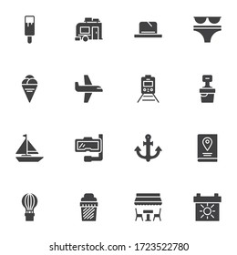 Sommerferien Vektor-Icons Set, moderne solide Symbolsammlung, gefülltes Piktogramm-Paket. Zeichen, Logo-Illustration. Set enthält Symbole wie Eis, Bikini, Brille, Flugzeug, Schnorchel, Anker