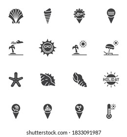 Summer holiday vector icons set, modern solid symbol collection, filled style pictogram pack. Signs, logo illustration. Set includes icons as palm beach, island, starfish, sun, hot weather, shellfish