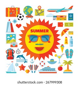 Summer holiday - vector icons set in flat style. Travel and vacation collection. Sea baech illustrations. Design elements. 