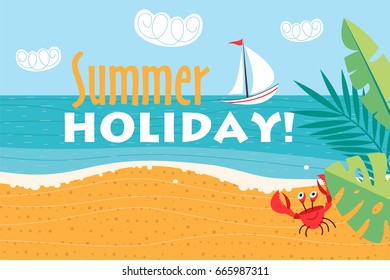 Summer holiday! Vector illustration, background, sea, sandy beach, yacht, summer.