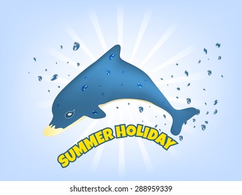 Summer holiday vector illustration with blue dolphin and drops of water