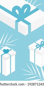 Summer holiday vector illustration in flat style with design coconut palm leaf and gift box. Aesthetic background. Banner template for mobile phone screen saver theme, lock screen and wallpaper.