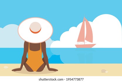 Summer holiday Vector illustration in flat design Young tan woman in white hat is sitting on the seashore and looking on sailboat