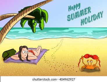 summer holiday vector illustration funny situation girl on vacation beach