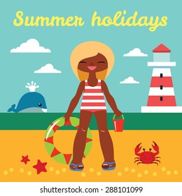 Summer holiday. Vector illustration of a happy little girl at the seaside.