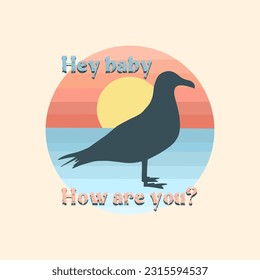Summer holiday vector illustration; retro summer vacation, beach, sunset, ocean waves, seagull 