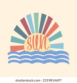 Summer holiday vector illustration; retro summer vacation, beach, sunset, ocean waves elements and symbols