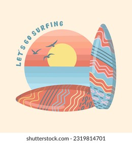 Summer holiday vector illustration; retro summer vacation, surfing, beach, sunset, ocean waves elements and symbols