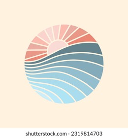 Summer holiday vector illustration; retro summer vacation, beach, sunset, ocean waves elements 