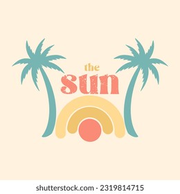 Summer holiday vector illustration; retro summer vacation, beach, sunset, palm trees elements and symbols