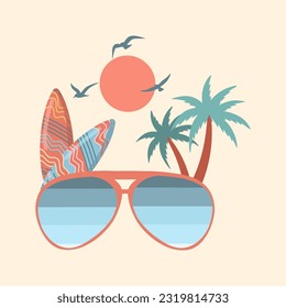 Summer holiday vector illustration; retro summer vacation, surfing, beach, sunset, ocean waves, sunglasses, palm trees elements and symbols