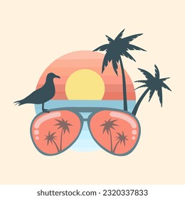 Summer holiday vector illustration; retro summer vacation, sunglasses, beach, sunset, ocean waves, palm trees elements and symbols