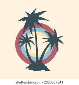 Summer holiday vector illustration; retro summer vacation, beach, sunset, palm trees elements and symbols