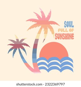Summer holiday vector illustration; retro summer vacation, surfing, beach, sunset, ocean waves, palm trees elements