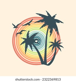 Summer holiday vector illustration; retro summer vacation, surfing, beach, sunset, ocean waves, palm trees elements
