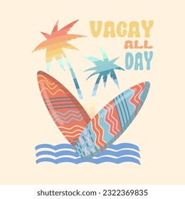 Summer holiday vector illustration; retro summer vacation, surfing, beach, sunset, ocean waves, palm trees elements