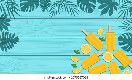 Summer holiday vector illustration template. Poster, card or banner with tropical plants, palm leaves, ice cream and melon or orange on wooden board background.