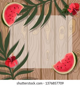 Summer holiday vector illustration template. Poster, card or banner of tropical leaves, palm leaves,   watermelon on  wooden board background. Copy space for text.