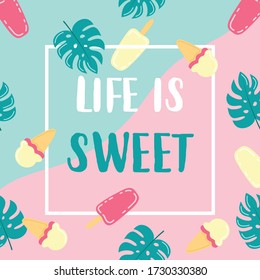 summer holiday vector illustration template, frame with ice cream, tropical palm leaves and lettering on blue pink background