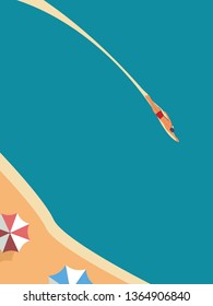 Summer holiday vector poster template with swimmer in the sea and beach with umbrellas. Symbol of relax, vacation, holiday, traveling, active outdoor sport lifestyle. Eps10 vector illustration.