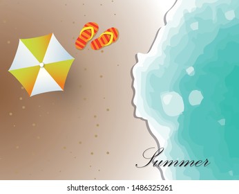 Summer Holiday Vector with Sea Sand Umbrella and Slippers Beach Summer Themed Vector for Designs Web Design Banner Poster etc.