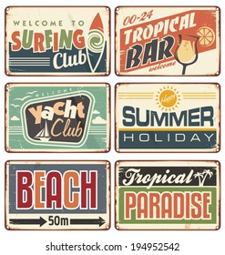  Summer holiday vintage sign boards collection. Tropical beach advertising billboards, posters and ads for tropical bar, surfing or yacht club.