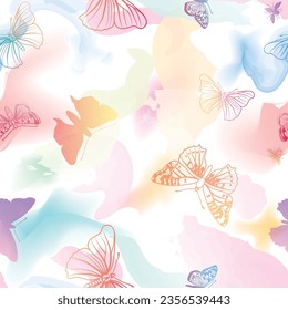 Summer holiday wavy flowing blurred shapes and butterflies seamless pattern. Beautiful abstract  watercolored texture. White pattern in bright spring style. Modern waves background drawing graphic.