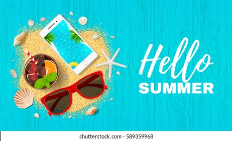 Summer holiday web banner. Top view on fresh cocktail, seashells, sun glasses, smartphone and sea sand on blue wooden texture. Vector illustration.