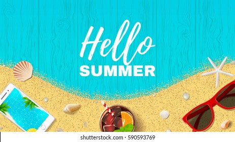 Summer Holiday Web Banner. Top View On Fresh Cocktail, Seashells, Sun Glasses, Smartphone And Sea Sand On Wooden Texture. Vector Illustration.