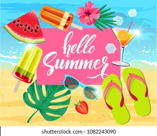 Summer holiday web banner. View on fresh fruit, ice cream, seashells, sun glasses and sea sand. Vector illustration.