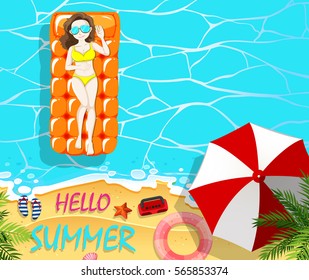 Summer holiday with woman on floating raft  illustration