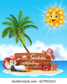 Summer holiday with wooden sign and funny animals