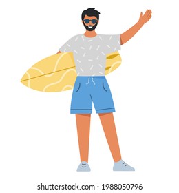 Summer holiday. A young boy with a surfboard going to the beach. Vacation season. Rest and activity. Healthy lifestyle. Surfing. Flat vector illustration.