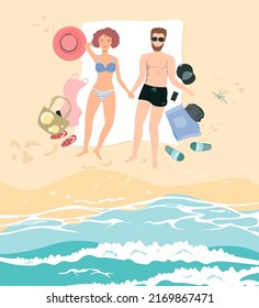 Summer holiday and young couple lying on the beach sand. Wife and husband are tanning at the sea. Vector illustration