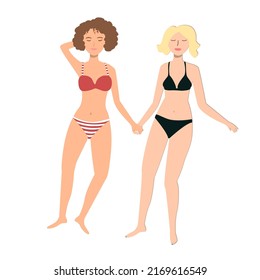 Summer Holiday. Young Female Couple Lying And Sun Tanning. Sisters, Friends Or Lesbian Woman Isolated Vector Illustration