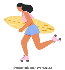 Vacaciones de verano. Una joven con patines rosados y una tabla de surf yendo a la playa. Temporada de vacaciones. Descanso y actividad. Estilo de vida saludable. Surf. Ilustración vectorial plana.