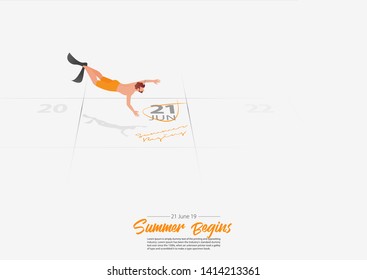 Summer Holiday. Young man free diver swimming  into the sea. Man diving and finning underwater marked date Summer season start on calendar 21th June 2019. Summer sport activity Vector Illustration.