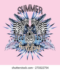 Summer holiday. Zebra and blue palm leaves mirror illustration